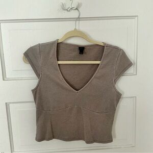 Women’s V-Neck Ribbed Short Sleeve Top - Taupe